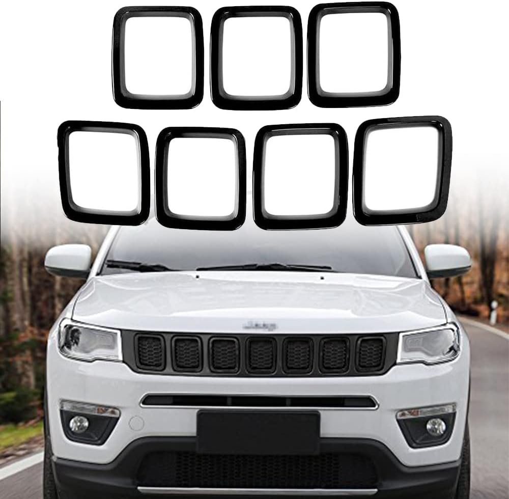Front Grille Grill Inserts Cover Compatible with Jeep Compass 2017 2018 2019 2020 2021 ABS Grill Cover Rings Frame Trims Kit 7PC (Matte Black)