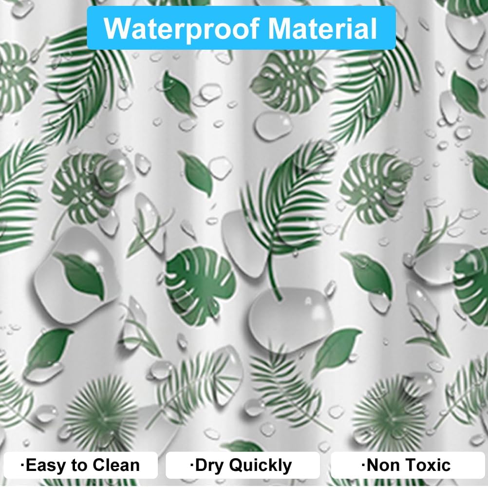 Shower Curtain Liner with 12 Plastic Hooks, 72x72 Inch Plastic Shower Curtain Liner for Shower Stall & Bathtubs, Bathroom Curtains Shower Curtain and Liner Set (Green Leaf)