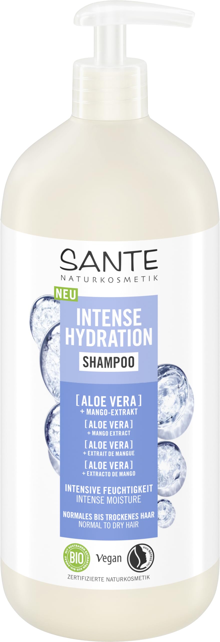 SANTE Naturkosmetik Champú de hidratación intensa de aloe vera + extracto de mango, champú vegano para el cuidado con dispensador, fortalece e hidrata el cabello seco, 950 ml