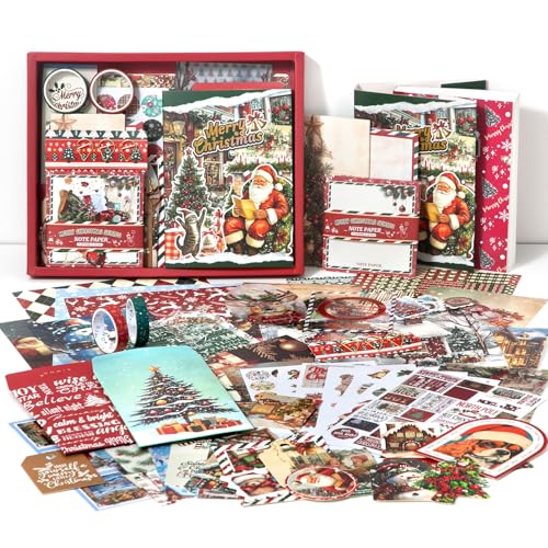 Christmas Scrapbook Kit (157PCS) Aesthetic New Year Festival Scrapbook Kits for Bullet Junk Journal Stationery Notebook DIY Cute Journaling Supplies Craft Christmas Gift for Teen Girl Kid Women