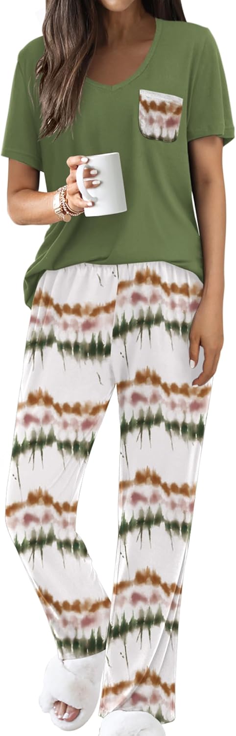 Ekouaer Pajama Sets for Women Short Sleeve Pj Set V Neck Sleepwear Chest Pocket with Long Pants Casual Loose Loungewear