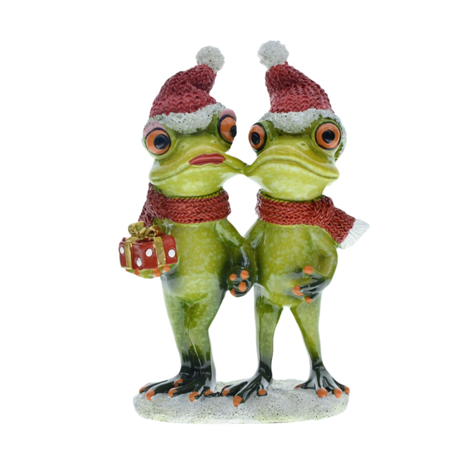 DEARBIRDER Christmas Frog Couple Figurine, Holding Hands Frogs Lover Resin Handicrafts, Frogs Wear Red Hats and Scarves and Carry Gifts, Frog Statue for Christmas Home Office Tabletop
