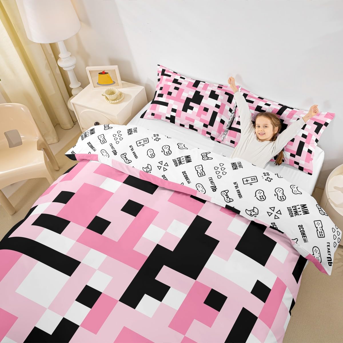 Sandbox Pixelated Miner Kids Duvet Cover Set King Size,Video Games Gamer Gamepad Girls Boys Bedding Set,Geometric Grid Square Room Decor,Black Pink White Quilt Cover,2 Pillowcases(No Comforter) โ image 1
