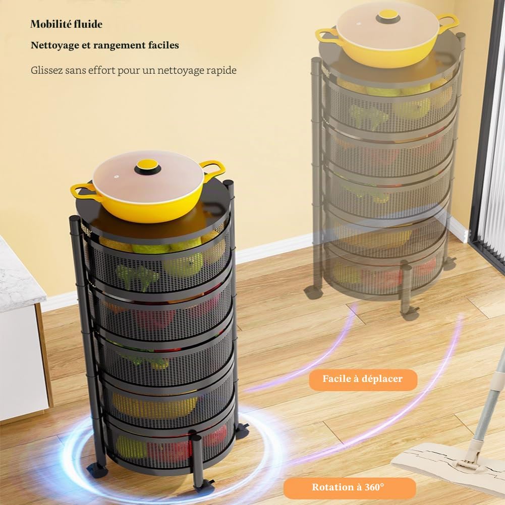 Chariot de service en métal avec roulettes, 5 niveaux, rond, 90 x 30 cm de diamètre, pour légumes, cuisine, salle de bain, chambre d'enfant et bureau (noir)