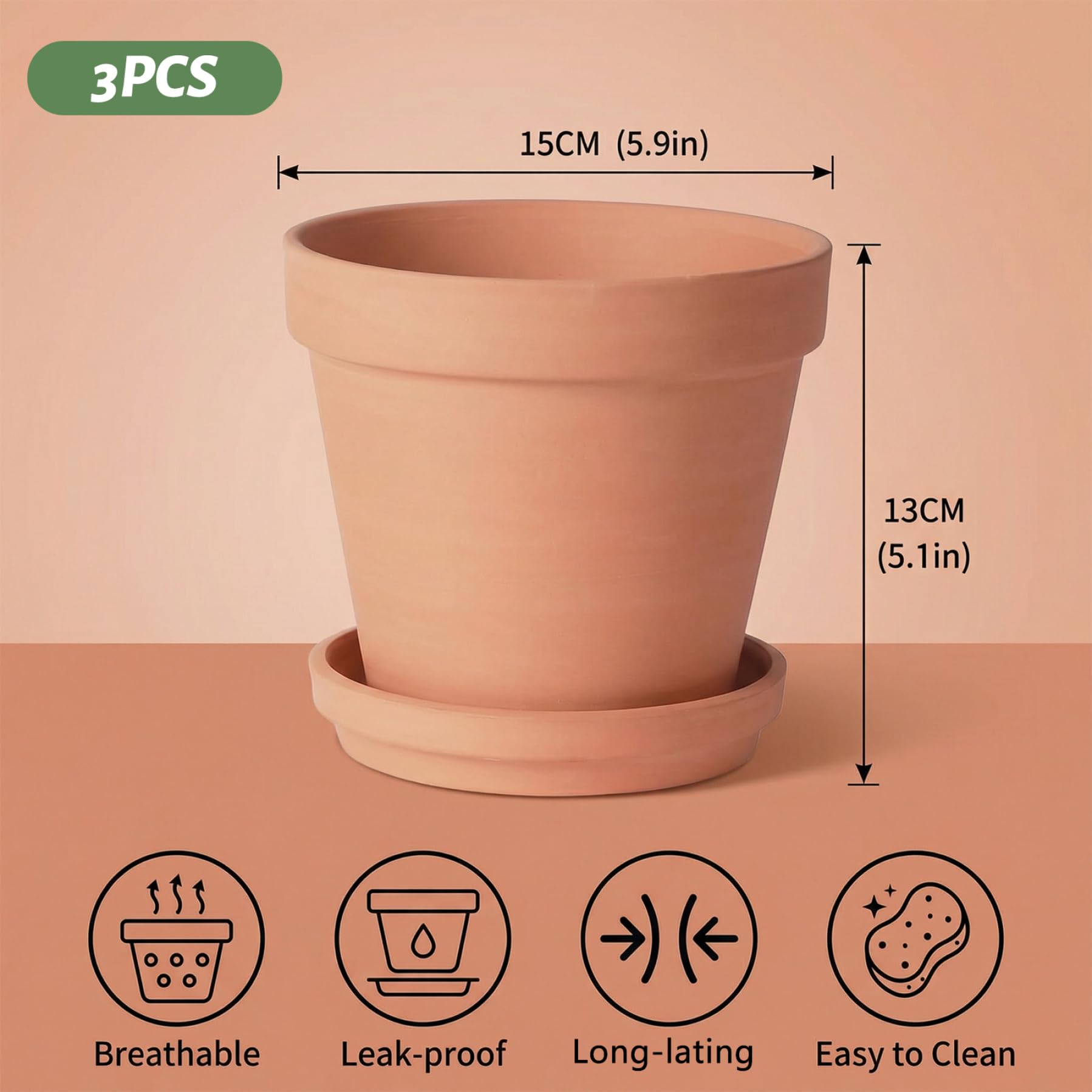 3er-Set Terrakotta-Töpfe, 15, 2 cm großer Blumentopf für den Innenbereich mit Ablaufloch und Untersetzer, klassischer Keramik-Blumentopf für Kräuter und kleine Pflanzen im Garten