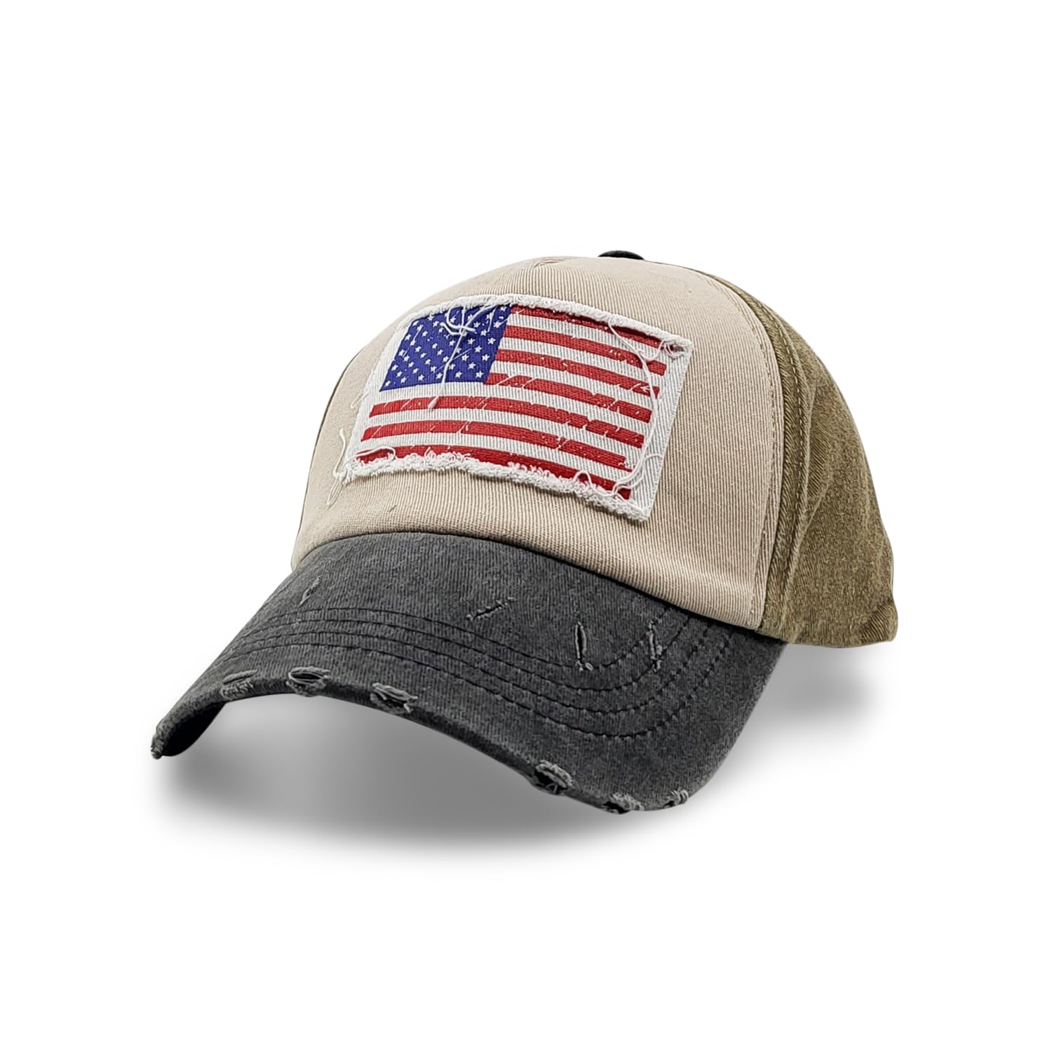 Vintage American Flag Hat - Two-Tone | Black Brim & Khaki Body | Distressed Baseball Cap - Retro USA Flag Patch Hat for Men and Women