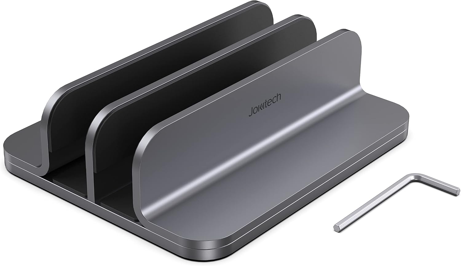 JOKItech Dual Aluminum Vertical Laptop Stand Organizer, Sturdy Notebook Computer Holder Stand Compatible with New Liquid Retina XDR Apple MacBook Air/Pro/Neo, Mac mini, Apple TV & iPad Pro - Spacegray