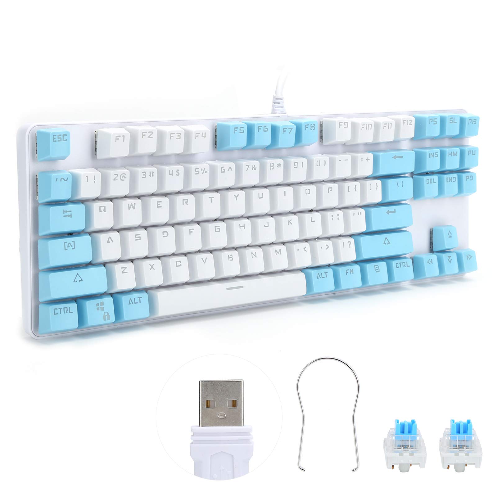 87 Keys Computer Keyboard, Mixed Light Mechanical Computer Peripherals Keyboard Blue-axis Game Electricity Keyboard for Desktop Laptop(White Blue, Pisa Leaning Tower Type)