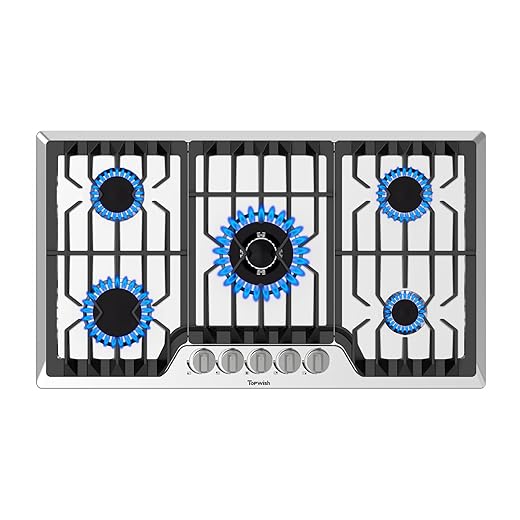 36 Inch Gas Cooktop, Propane Stove Top with 5 ITALY SABAF Sealed Burners 41,800BTU, NG/LPG Convertible Built-in Stainless Steel Stovetop with Thermocouple Protection for Rvs Kitchen Outdoor