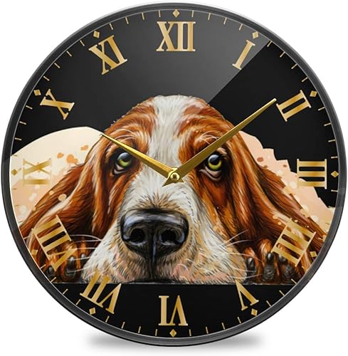 ALAZA Reloj de pared de perro Basset Hound funciona con pilas, silencioso, sin tictac, para decoración de sala de estar, 12 pulgadas 9.5 pulgadas