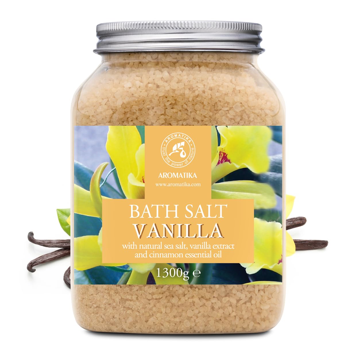 Sal de Baño Vainilla 1300g - Sales de Baño Marinas con Extracto de Vainilla y Aceite Esencial de Canela - Relajación - Belleza - Baños - Cuidado Corporal