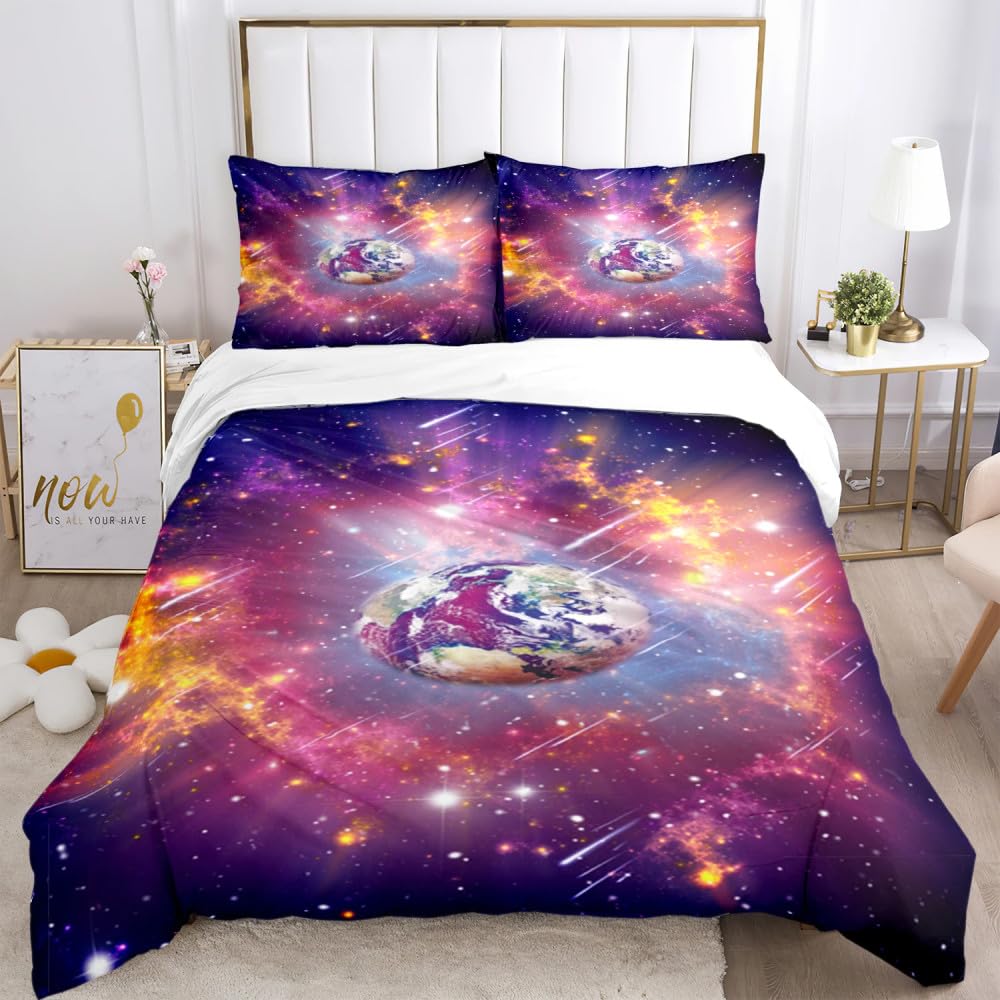Earth Duvet Cover Double Purple Gorgeous Cosmos Starry Sky Print Bedding Set Galaxy Night Sky Theme Quilt Cover Sparkle Nebula Stars Bedding for Boys Girls Kids,Single