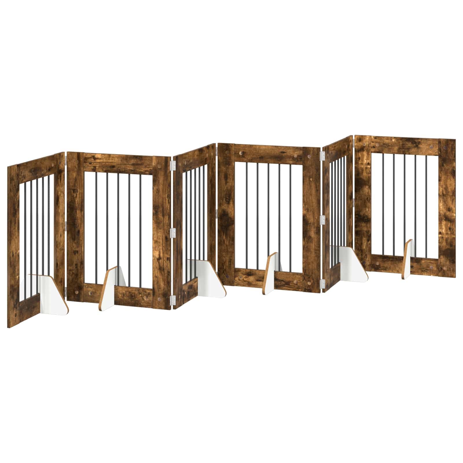 Cancelletto per cani con supporto, 6 pezzi, in rovere affumicato, 60 x 80 cm, pieghevole e trasportabile, barriera interna per cani, box sicuro e recinto per cuccioli e animali domestici