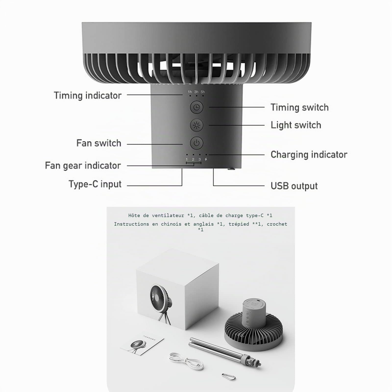 Fay Bless Ventilateur de tente avec trépied, ventilateur de bureau avec lumière, 18 x 18 cm, 560 g, 10 000 mAh, temps de travail 27 h (gris)