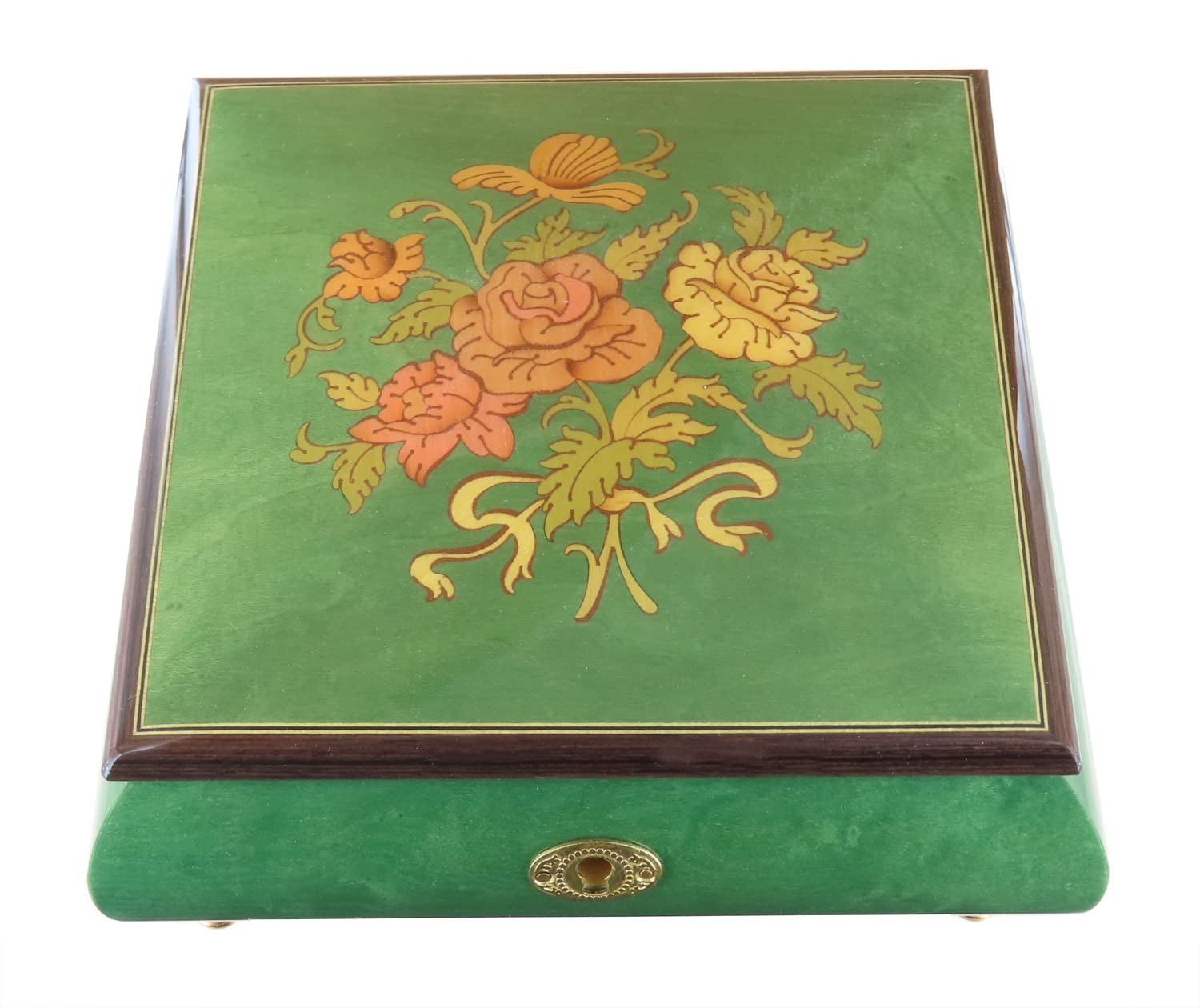 Joyero musical/caja de música para joyas de madera teñida verde claro con marquetería ramo de flores y mecanismo musical de resorte de 18 notas - Over the rainbow - El mago de Oz (Harold Arlen).