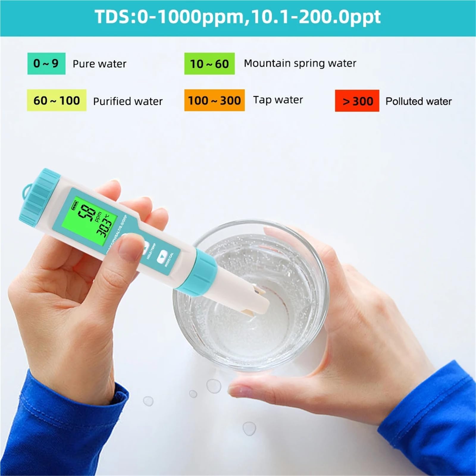 BASSFLY Tester dell'Acqua, Misuratore di salinità 7 in 1 PH TDS EC ORP SG Temp Tester qualità Acqua IP67 Monitor for Piscine Strumento analisi for acquari Acquario, Piscina
