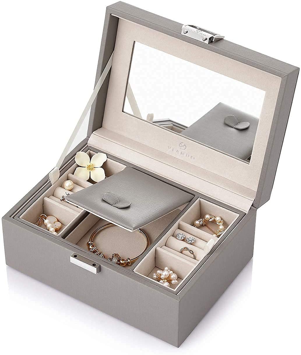 Schmuckschatulle im Retro-Stil, abschließbarer Schmuckkasten aus Holz, großer verspiegelter Schmuckaufbewahrungshalter mit Schlüssel, Etui aus Mikrofaser-PU-Leder, tolle Geschenke für Frauen und