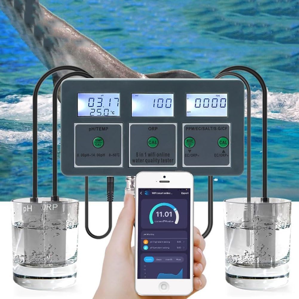 Monitor inteligente de calidad del agua, medidor de PH WiFi 8 en 1, registrador de datos, temperatura TDS, salinidad SG, analizador EC ORP, para acuarios, hidroponía de piscina, aplicar en fuentes de