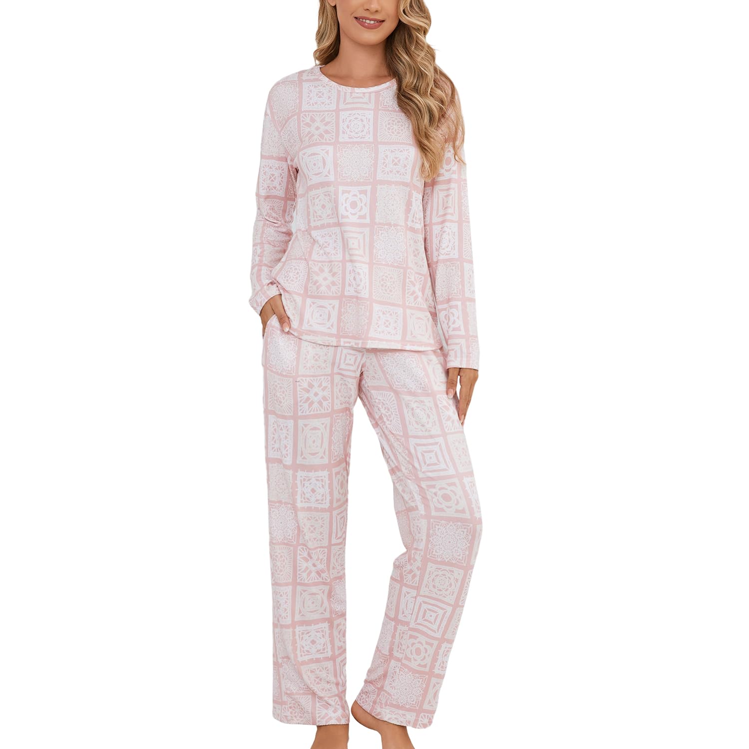PNAEONG Womens Pajama Sets Long Sleeve Top With Pants Lounge Sets Soft Sleepwear Comfy Pjs With Pockets