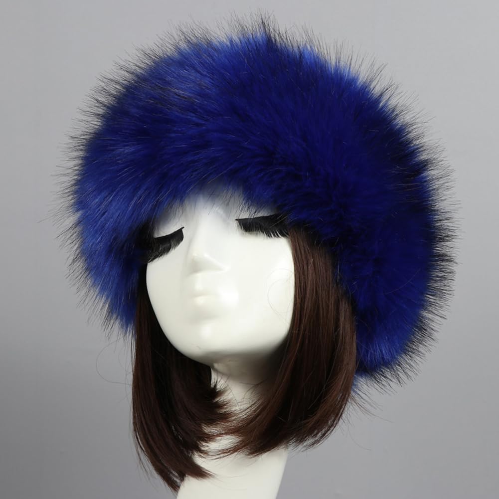 Queenbox Faux Fur Headband Hat Furry Skullies Beanie Headwrap Winter Cap, Blue