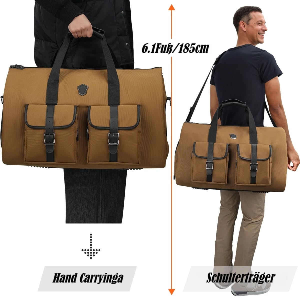 WELKINLAND 48H Kleidertasche für Reisen, 10 Taschen, Handgepäcktasche, 3 Anzug-Reisetaschen, 62 l, halbe Tage 2-in-1 Kleidertasche, wandelbarer Kleidersack, Boardable Kleidersack, Braun/Schwarz, 62L,