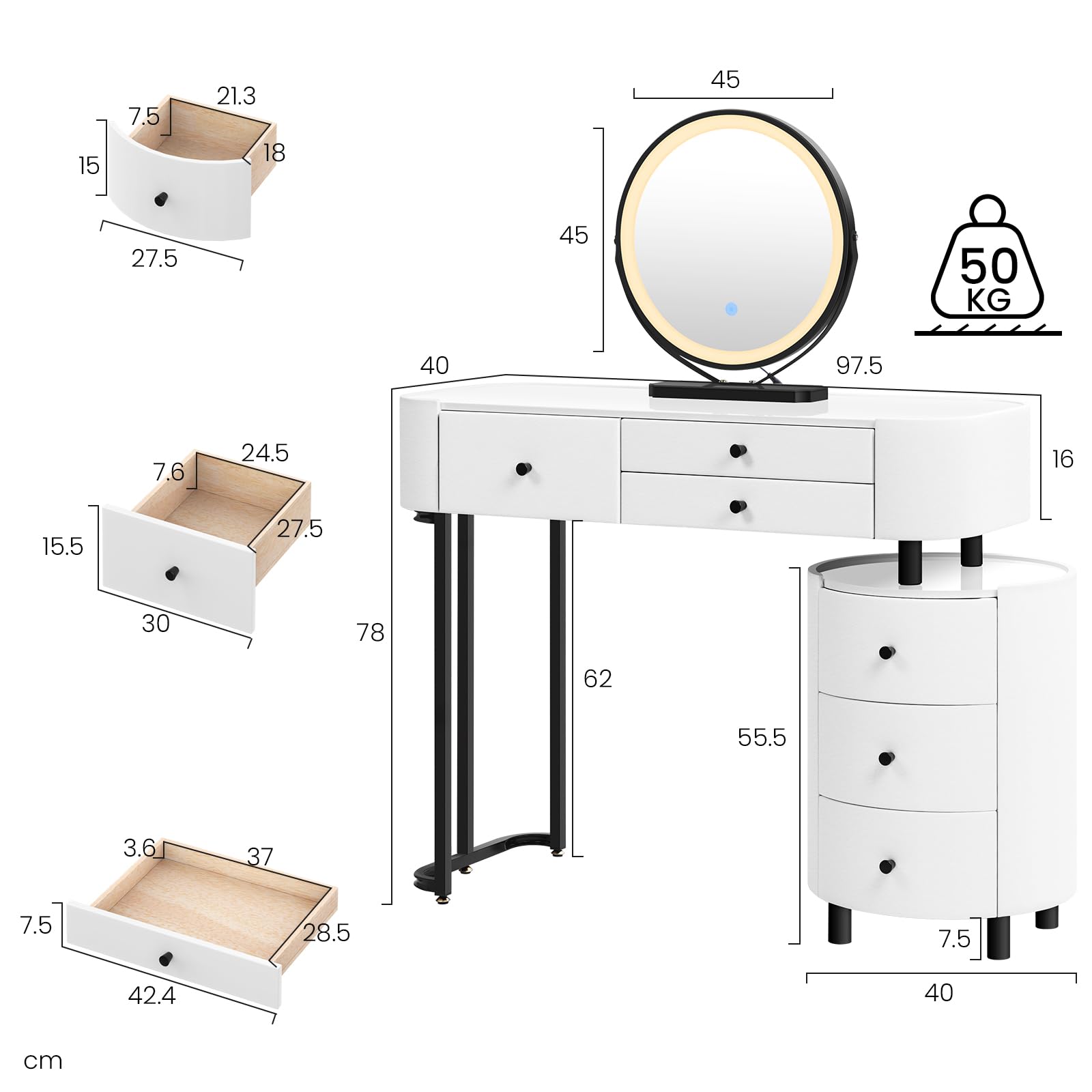 WOLTU Toaletka z oświetleniem LED, okrągłe lustro, 3 szuflady, 97,5 x 123 x 39 cm, czarno-biała