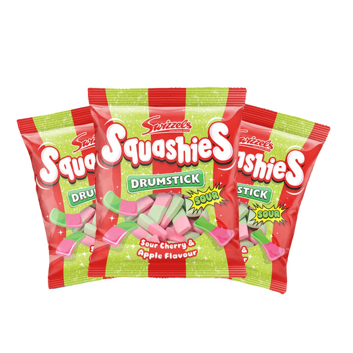 Squashies Drumstick Candy 3 Pack Bundle - Cherry Flavor Candies - 120g Each - Imported from the UK (Cherry)