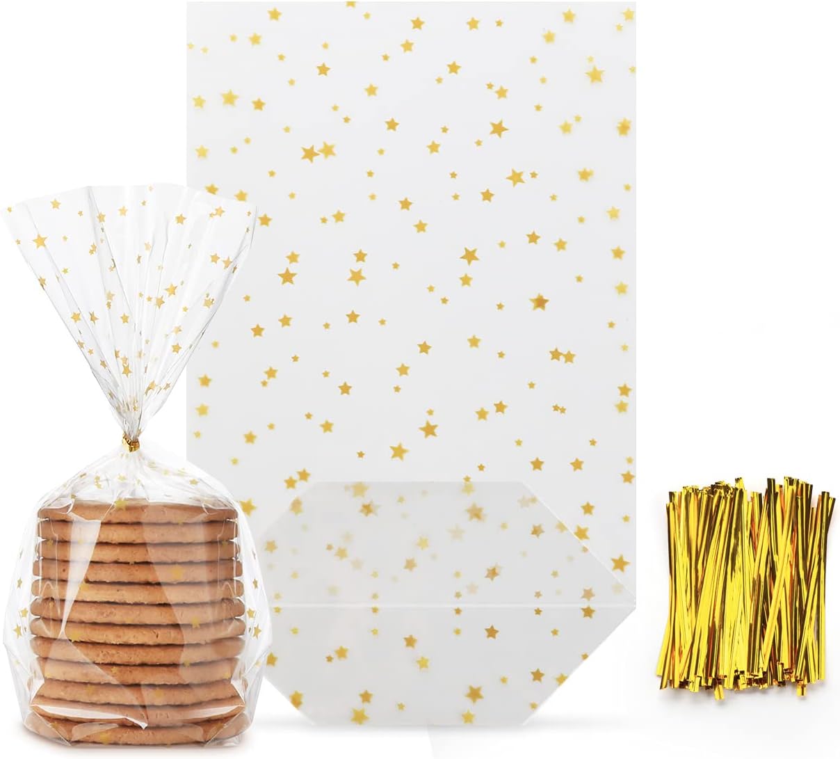 100pcs Christmas Cellophane Bags Stars Gold Clear 14.5x23.5cm Food Gift