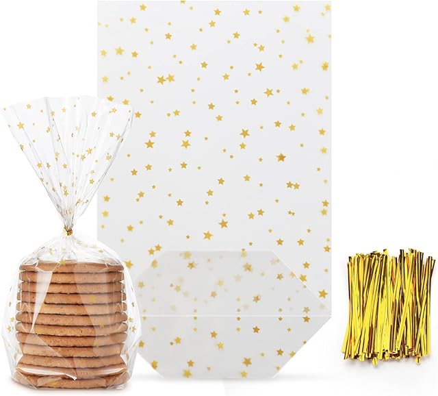 100pcs Christmas Cellophane Bags Stars Gold Clear 14.5x23.5cm Food Gift Plastic Candy OPP Bags with 100Pcs Twist Ties for Snack Wrapping & Festival Gift Package