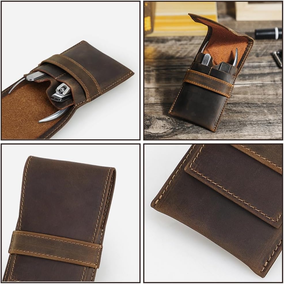 Genuine Leather Empty Manicure Kit Case Grooming Set Organizer Cowhide Leather Small Travel Nail Clipper Pouch Mini Personal Care Tools Bag By Handmade for Men Women Daily Finger Care