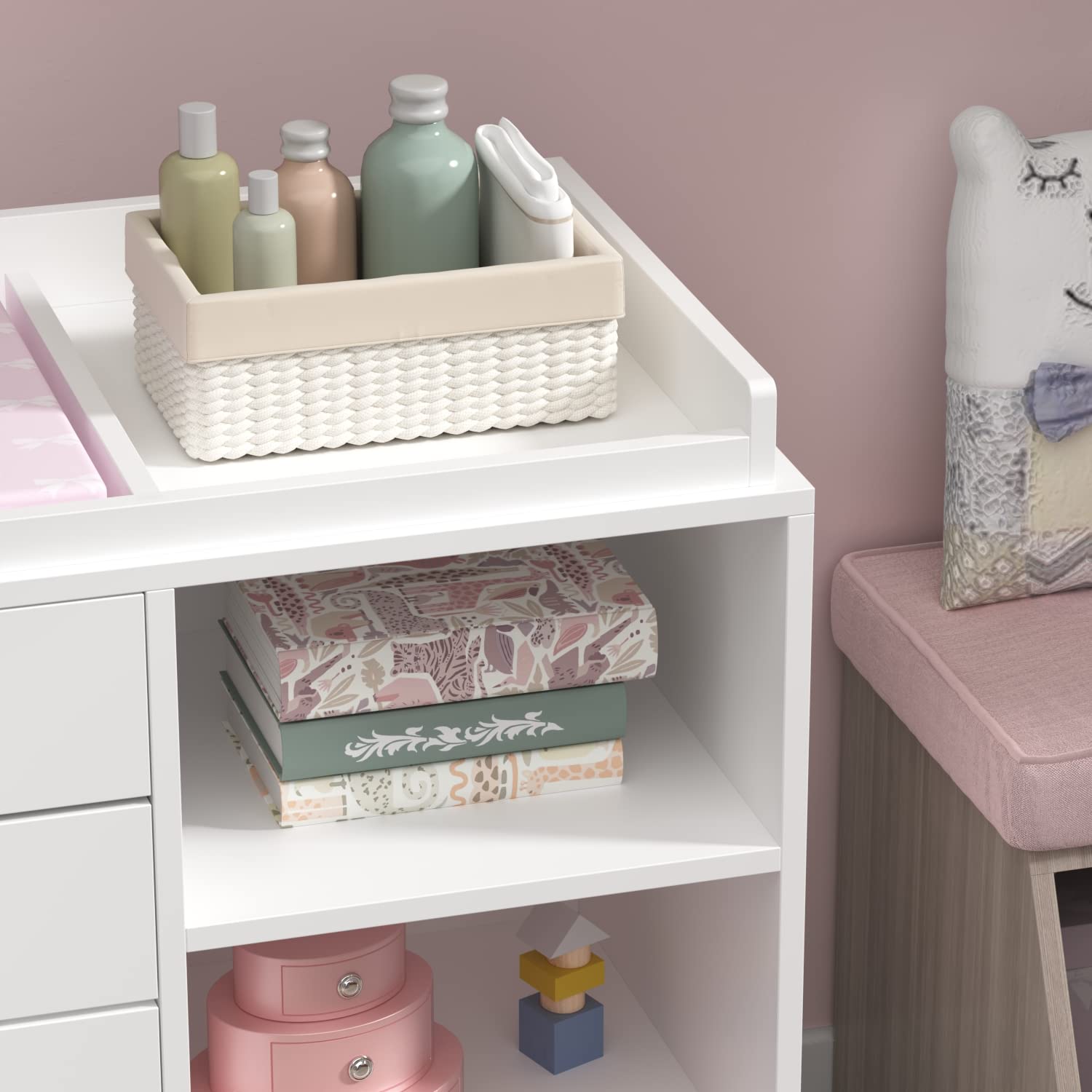 Cambiador, mueble cambiador, estante cambiador con 5 cajones, arcón para bebé, cuidado del bebé, muebles para bebé, cambiadores para habitación de bebé, dormitorio, blanco, MDF
