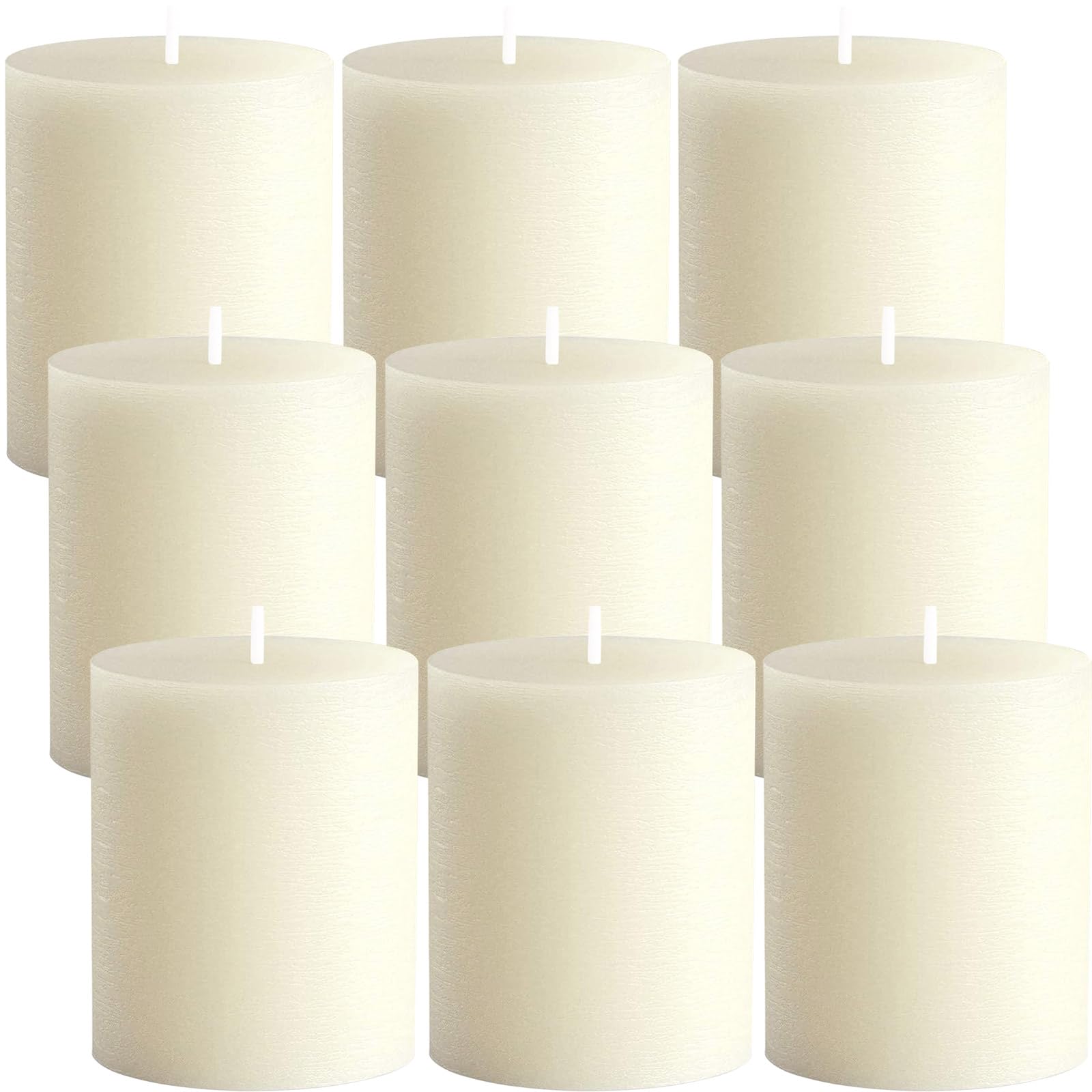 MTLEE 9 Pack Pillar Candles 3 x 4 Inch Smokeless and Dripless Large Candles Pillar Hand Poured Long Clean Burning Unscented Pillar Candles Set for Wedding Dinner and Home Decor (Ivory)
