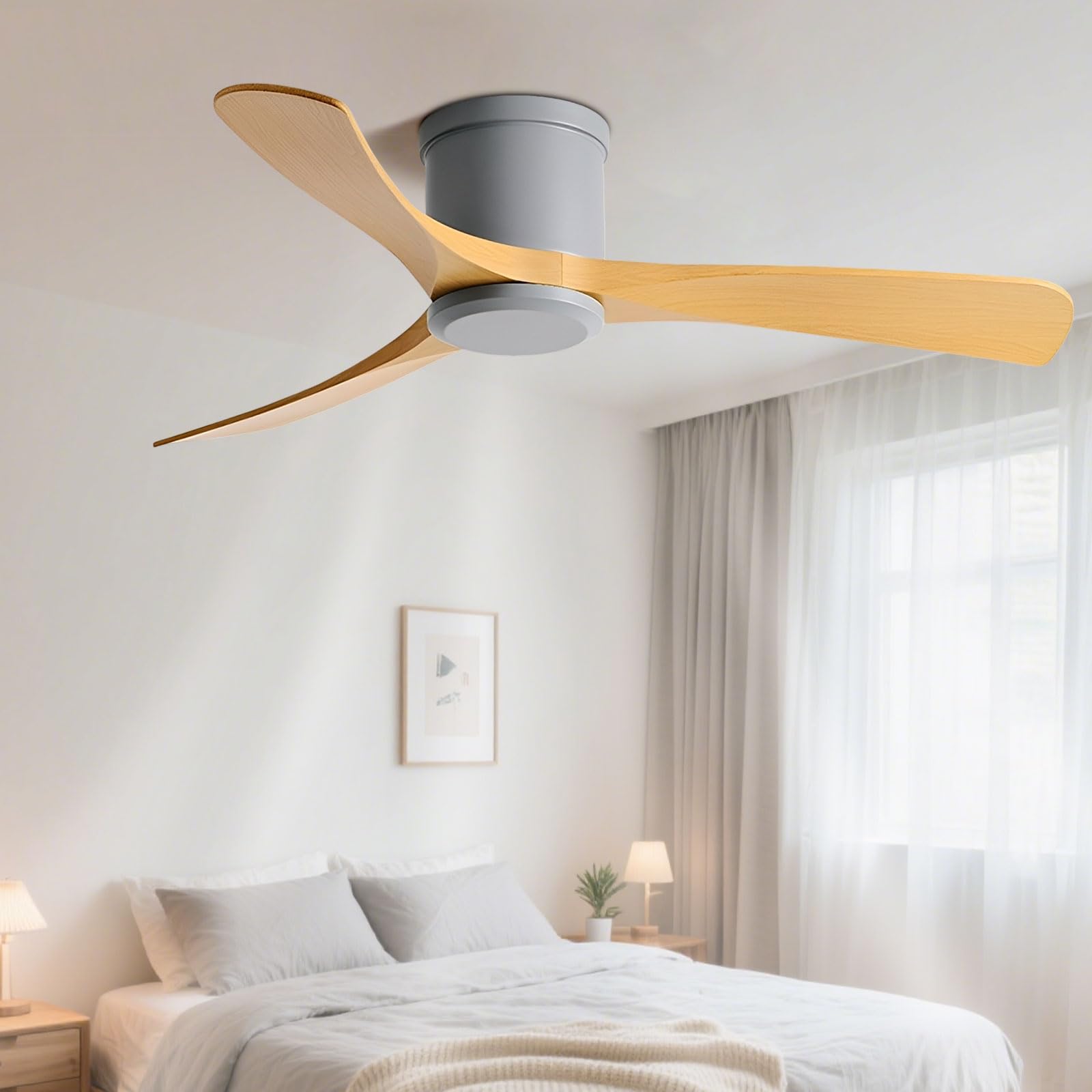 Ibalody Grey Modern Ceiling Fan Without Light Low Profile Ceiling Fans Remote Control 6 Speeds Quiet Ceiling Fan No Light Flush Mount For Bedroom Dining Room Living Room Patio