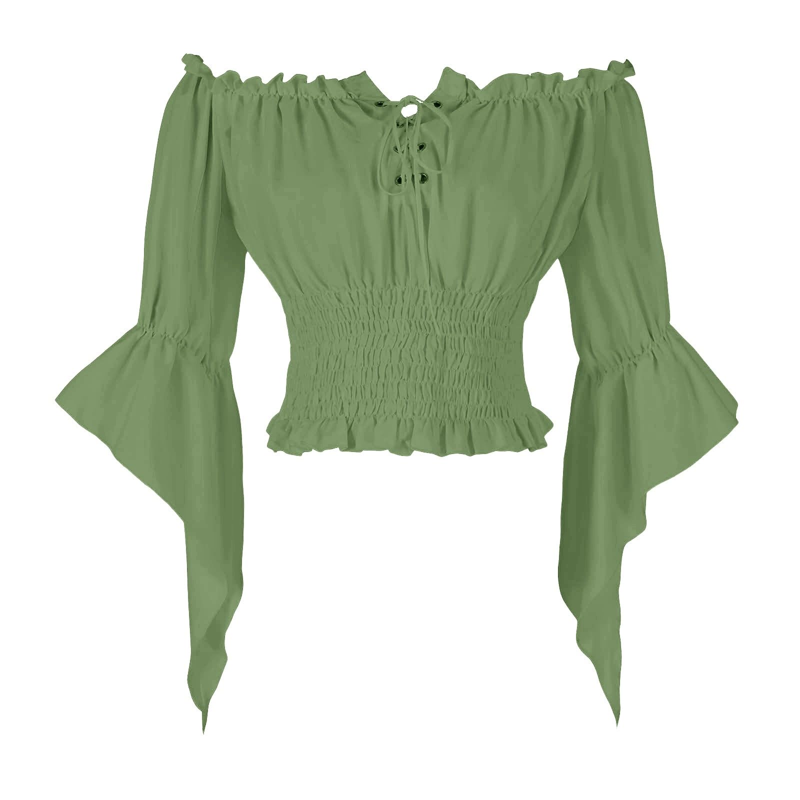 HAOLEI Women Victorian Tops Off Shoulder Ruffle Shirts Elastic Waist Medieval Costumes Renaissance Pirate Trumpet Long Sleeve Peasant Blouses Green
