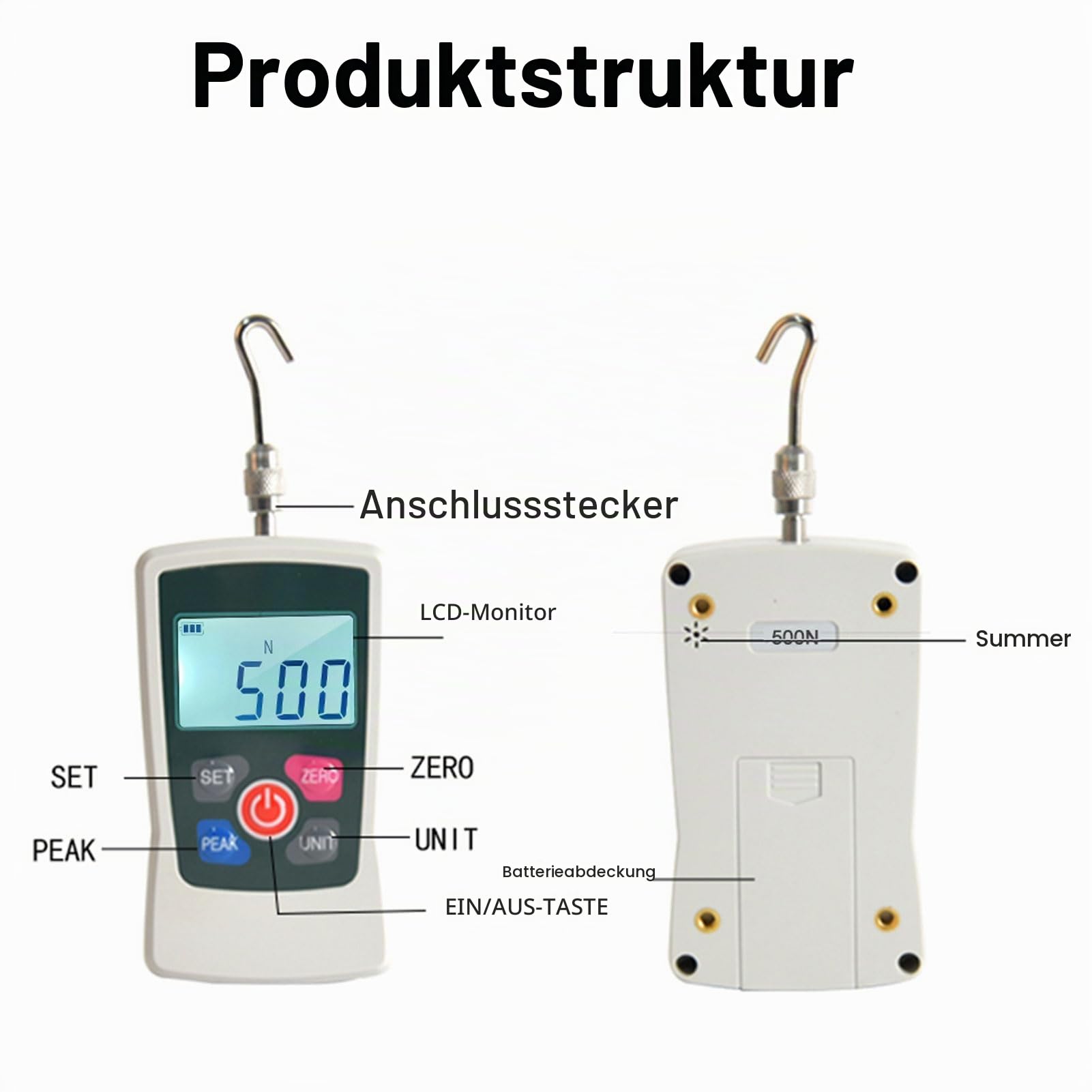 500N Digitales Kraftmessgerät Hand-Push-Pull-Messgerät Mit Hintergrundbeleuchtetem Bildschirm 3 Messmodi Für Prüfungen Und Industrieanwendungen