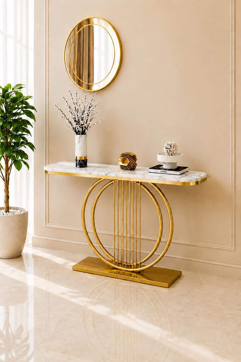 DDS Living Room Modern Slate Console Table Luxury Hallway Narrow Side Table Entrance Coffee Table Home Furniture Coffee Console Tables for Living Room & Corridor (Golden White)-image-14