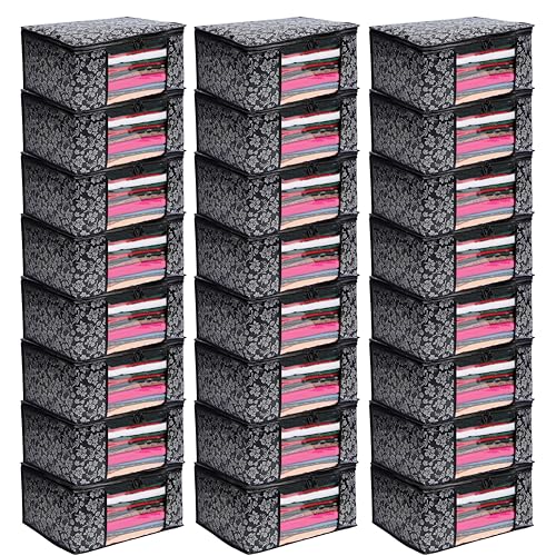 Image of Flower Printed Saree Covers for Cloth Storage & Wardrobe | Transparent Window, Zipper Closure | Black | Pack of 24 | Dustproof, Breathable, Travel & Home Use