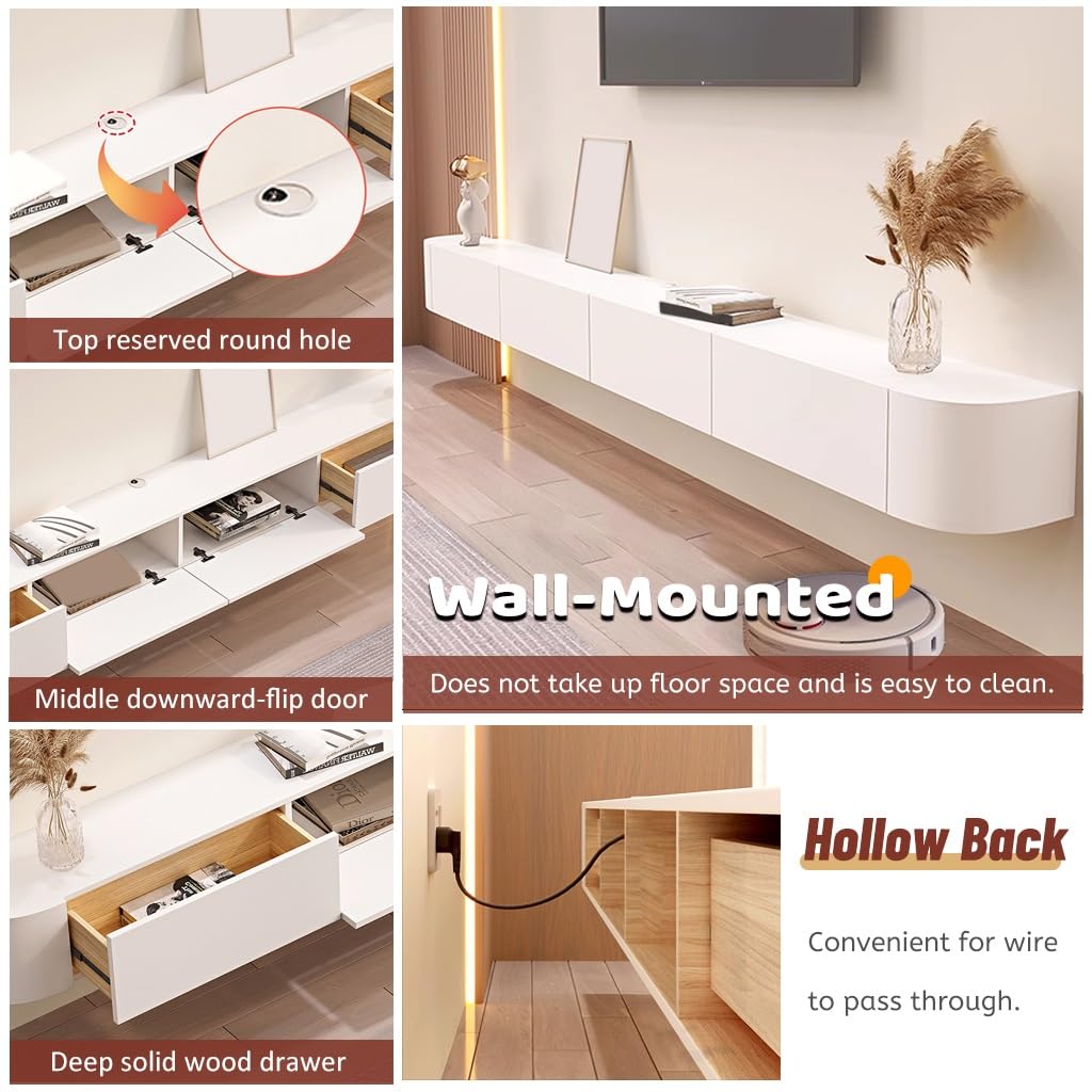 Mueble De TV De Pared Blanco, Mueble De TV Flotante Con Almacenamiento, Banco De TV De Madera Con Cajón, Orificio Para Gestión De Cables, Parte Trasera Hueca, Consola Multimedia(Natural,240x24x20cm)