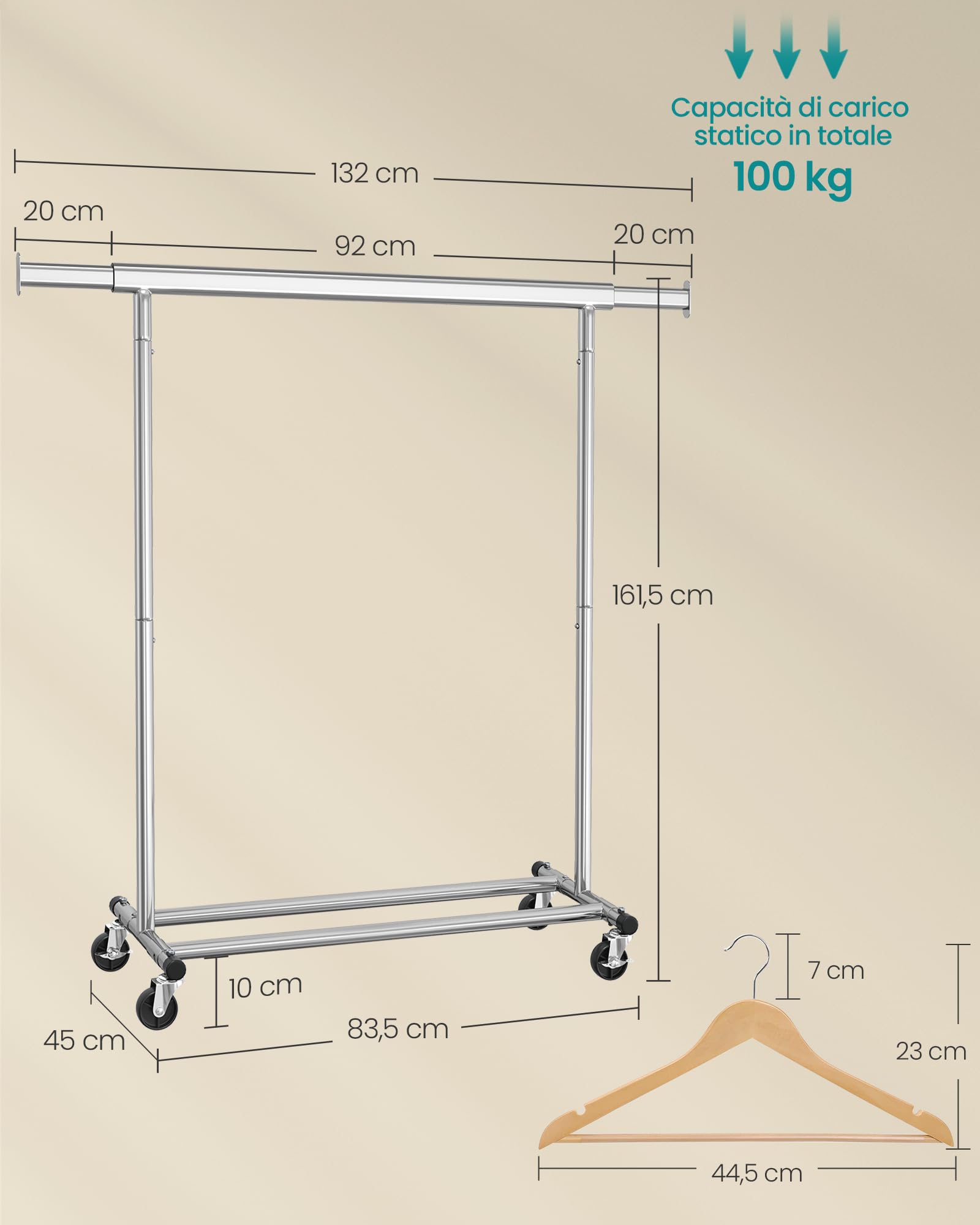 SONGMICS Stand Appendiabiti con Rotelle, Set di 20 Grucce in Legno | Asta Estensibile, Gancio Girevole a 360°, Colore Argento e Naturale
