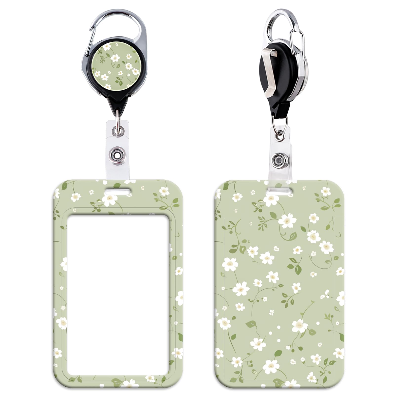 Green Florals Badge Reel with ID Holder Cute Retractable Badge Holder Reel
