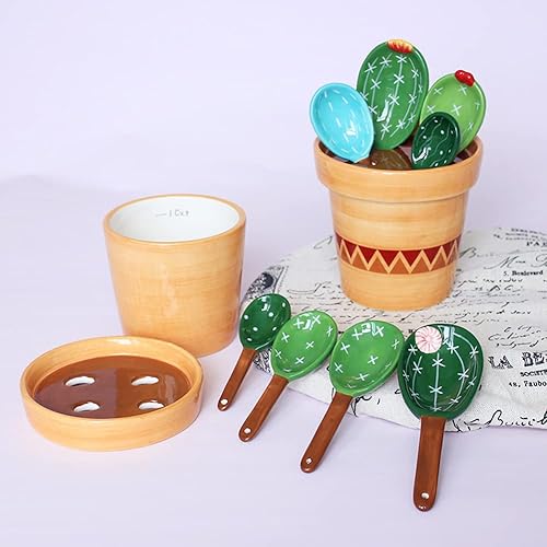 Miniatura 3 de XDONE - Juego de cucharas medidoras de cactus en olla, cucharas medidoras de cerámica para hornear con soporte para ingredientes secos y húmedos,