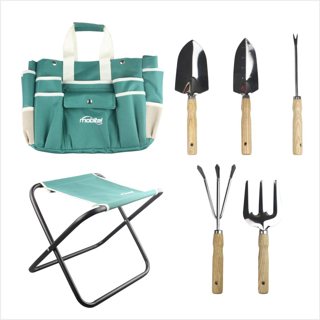Juego de herramientas de jardín - Kit de herramientas de regalo de jardinería resistente que incluye taburete plegable con bolsa de herramientas, 5 herramientas resistentes de acero inoxidable (paleta