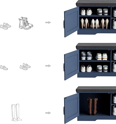 Miniatura 22 de Banco de almacenamiento de 2 niveles, banco de zapatos de 39.4 pulgadas de ancho con cojín de asiento acolchado, banco de entrada con 2 puertas de