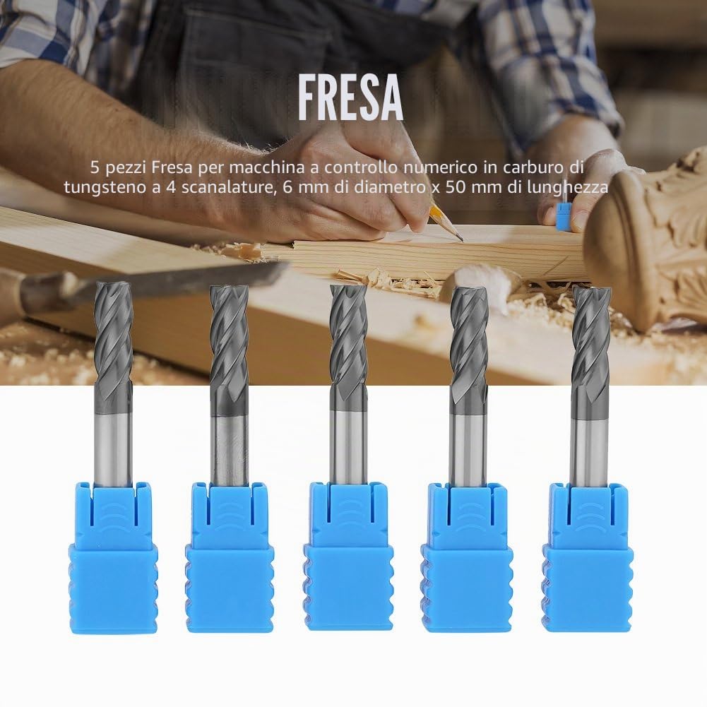 4 Punte Per Frese Ad Alta Velocità, Fresa Diritta in Carburo Di Tungsteno, Frese Per Metallo Professionali, Fresa Per Metalli Duri, Confezione 5, 6mm*50