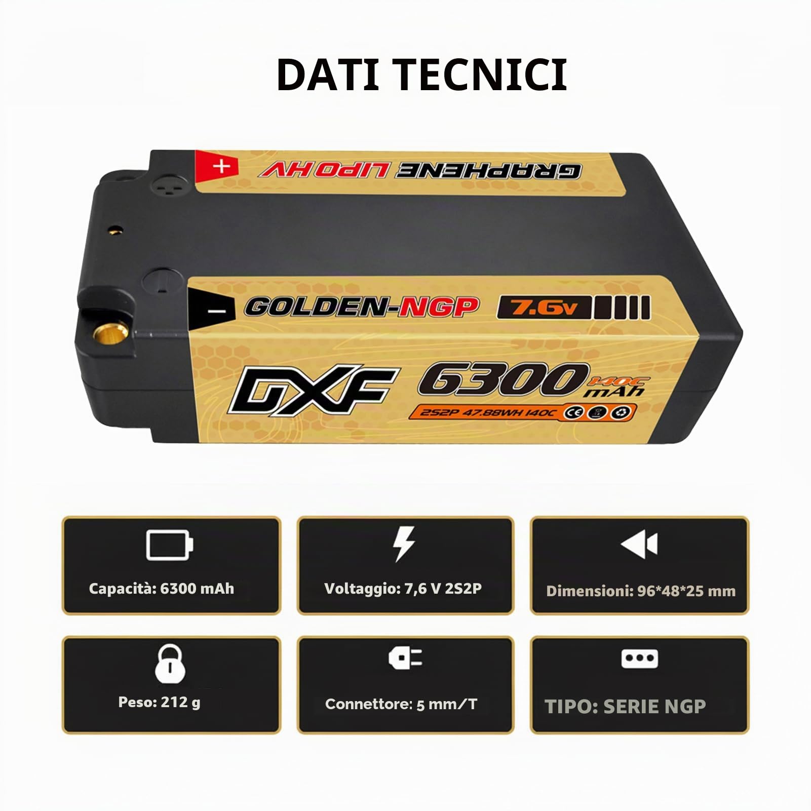 DXF Batteria LiPo 2S 7.6V 6300mAh 140C HV Spina Deans T Bullet 5mm Auto RC 1/8 1/10 Truck Buggy Touring Car Compatta Leggera Potente Gare Racing Corse Modellismo 2 Pezzi