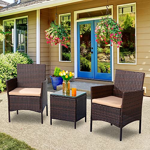 Shintenchi 3 Pieces Outdoor Patio Furniture Set Patio Porch Conversation Sets Pe Rattan Wicker Chairs With Table Outdoor Garden Furniture Sets, Brown #TOP6