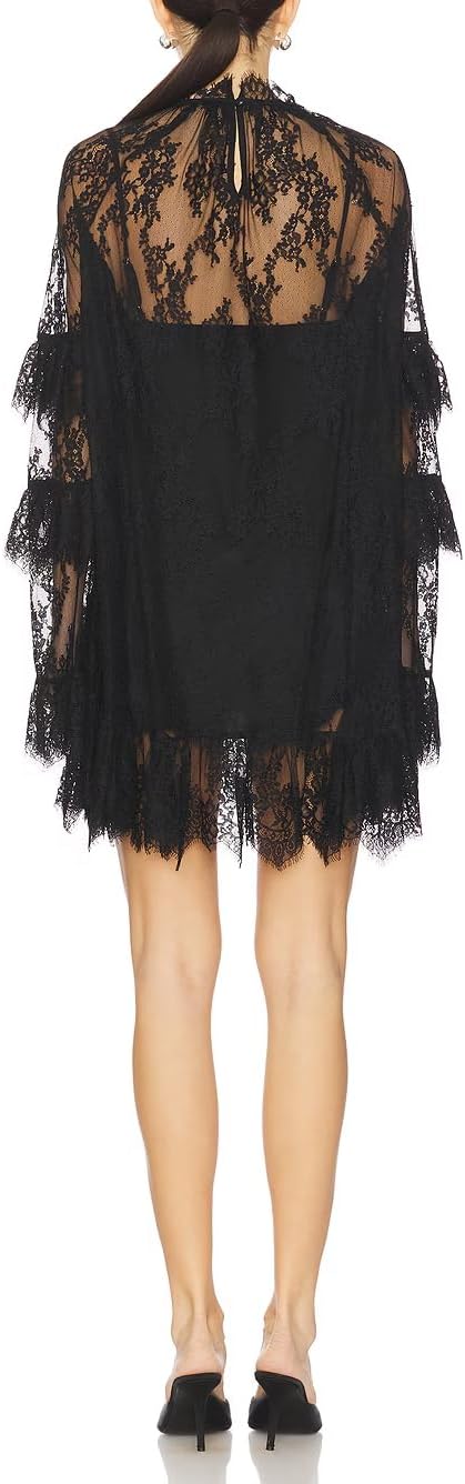Women Lace See Through Mini Dress Long Sleeve High Neck Ruffle Dresses Sheer Mesh Overlay Short Dress Beach Cover Up - Image 5