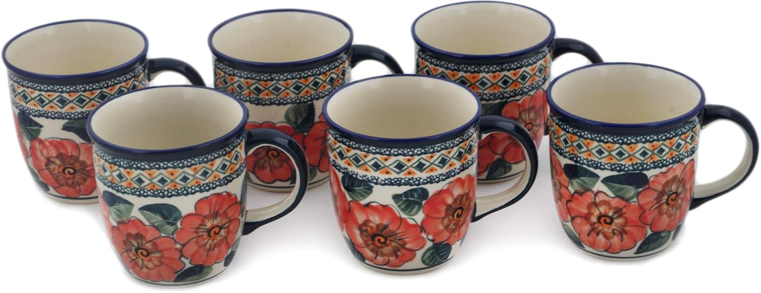 Polmedia Polish Pottery Set of Six 12oz Mugs 12 oz UNIKAT - Peach Poppies Pattern Handmade in Boleslawiec Poland + Certificate of Authenticity