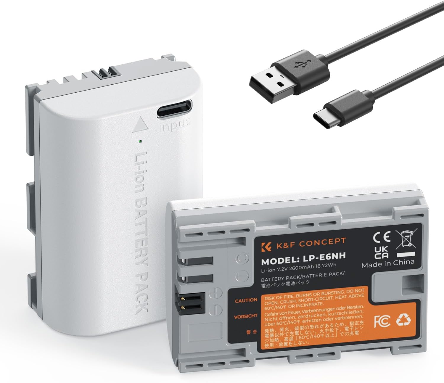 K&F CONCEPT 2600mAh LP-E6NH Battery, 2-Pack USB-C R7 Batteries Compatible with Canon EOS R R5 R6 R7 5D 6D 7D Mark II III IV, 90D 80D 70D Cameras