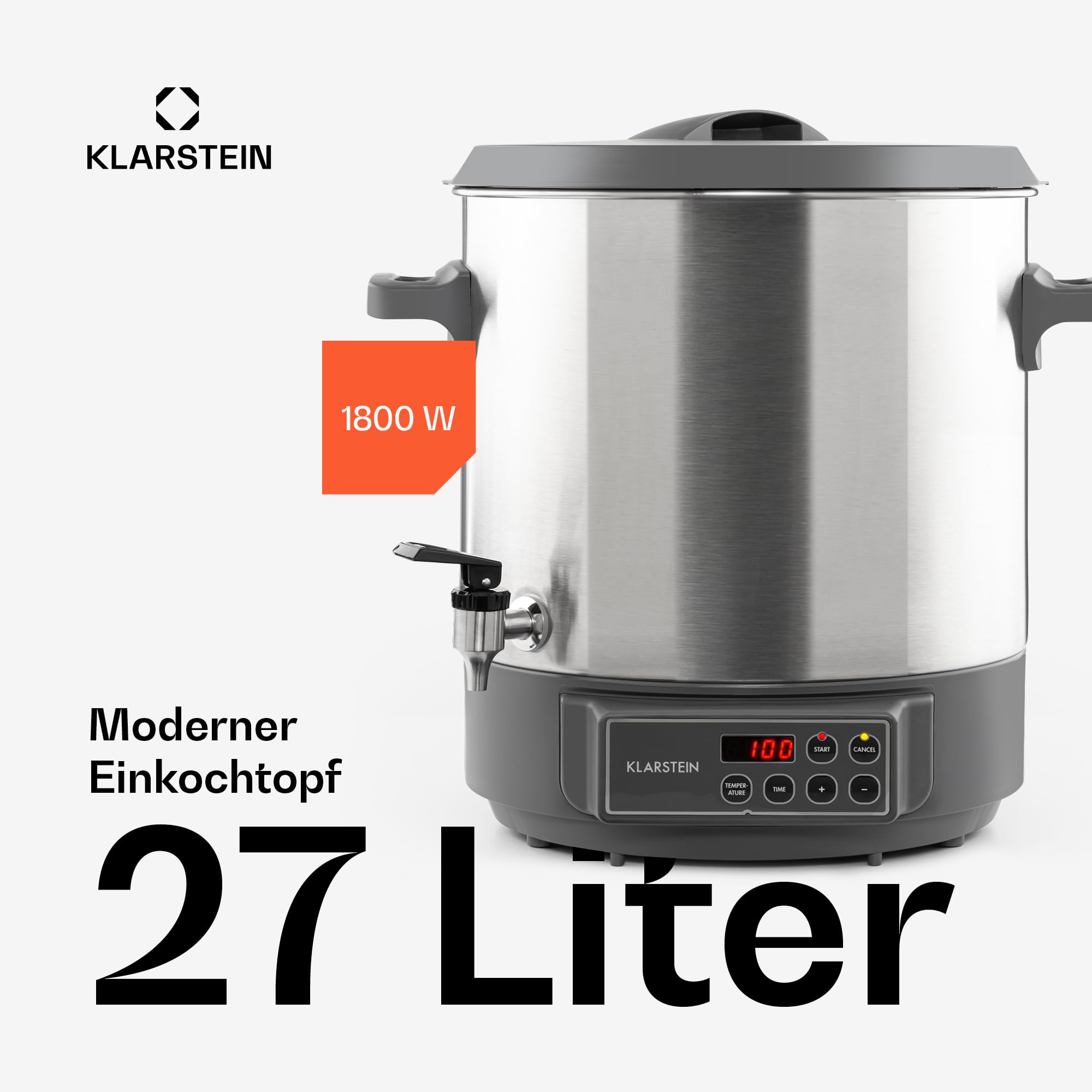 Klarstein Lady Marmalade Einkochautomat Einkochtopf Einkocher Heißgetränkespender, 27 Liter, 1800 Watt, 30-100 °C, Timer, Warmhalte-Funktion, Überhitzungsschutz, Edelstahl gebürstet